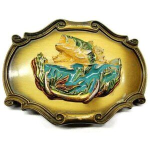 1976 3D Fish Colored RainTree Western Solid Brass Vintage Wide Waist Belt Buckle